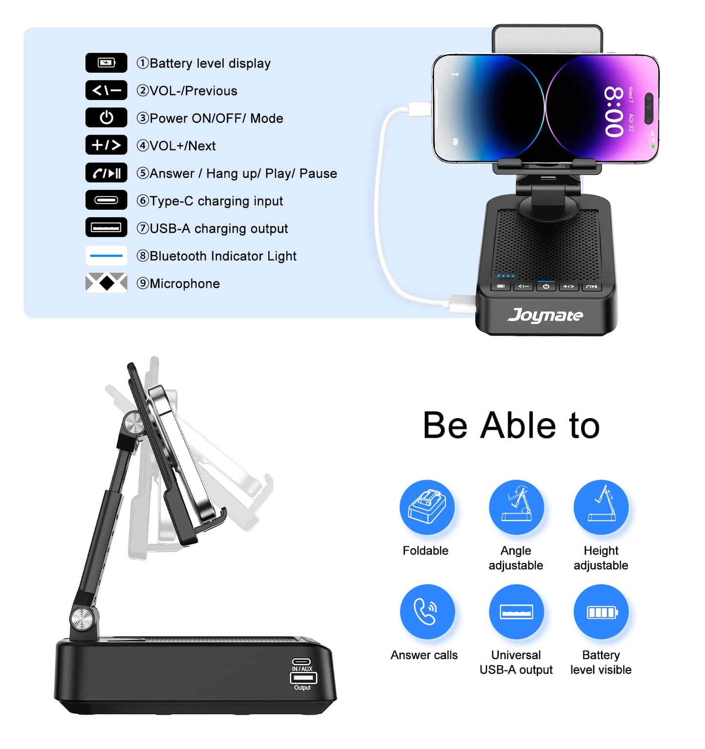 Joymate Gifts for Men Women, Phone Stand with Bluetooth Speaker and Charging Function 360° Rotable Angle Adjustable Cell Phone Holder with HD Stereo Sound Fits All Phones,Tablet (Black)