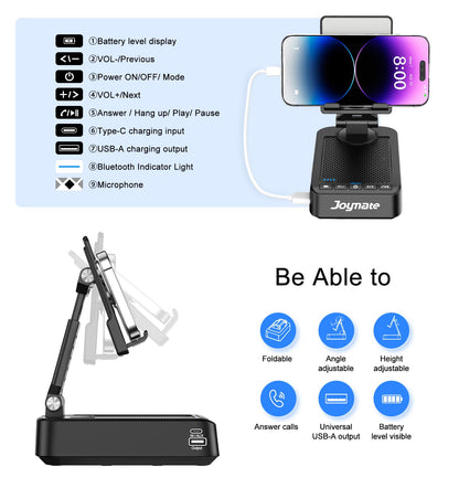 Joymate Gifts for Men Women, Phone Stand with Bluetooth Speaker and Charging Function 360° Rotable Angle Adjustable Cell Phone Holder with HD Stereo Sound Fits All Phones,Tablet (Black)