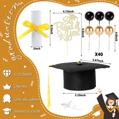 43Pcs Graduation Cake Kit Included Felt Grad Cap with Tassel Gold Black Balls Graduations Party Supplies So Proud of You Cupcake Topper for Congrats Senior High School College Parties Decor(Gold)