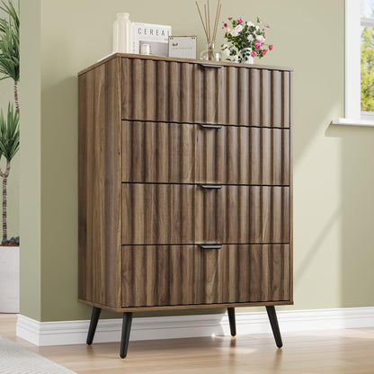 Mino Kesper Walnut Fluted 4 Drawers Dresser for Bedroom, Chest of Drawers with Metal Wide Handle, Wooden Dresser for Closet, Bedroom, Living Room, 23.6" x 14.9"D x 30.7" H