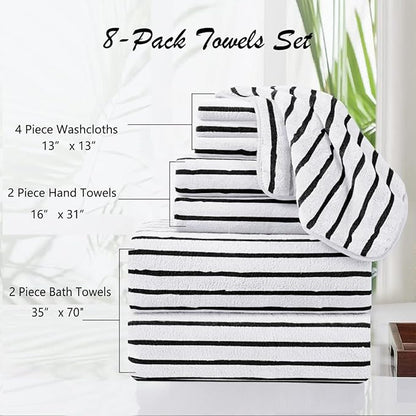 Oliven 8 Pcs Black White Cabana Stripe Large Bath Towel Set Oversize Bath