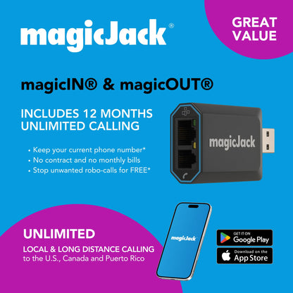 magicJack VOIP Phone Adapter - Unlimited Calls to US & Canada, No Monthly Bill, Portable Internet Phone with App, magicIN™ & magicOUT™ Service
