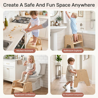 WINGYZ Toddler Step Stool, 3-Height Adjustable Wooden Stool for Kids, FSC & ASTM Birch Marine Plywood, 200lb Capacity, Bathroom Sink Independence, Kitchen Potty Training, Natural Wood