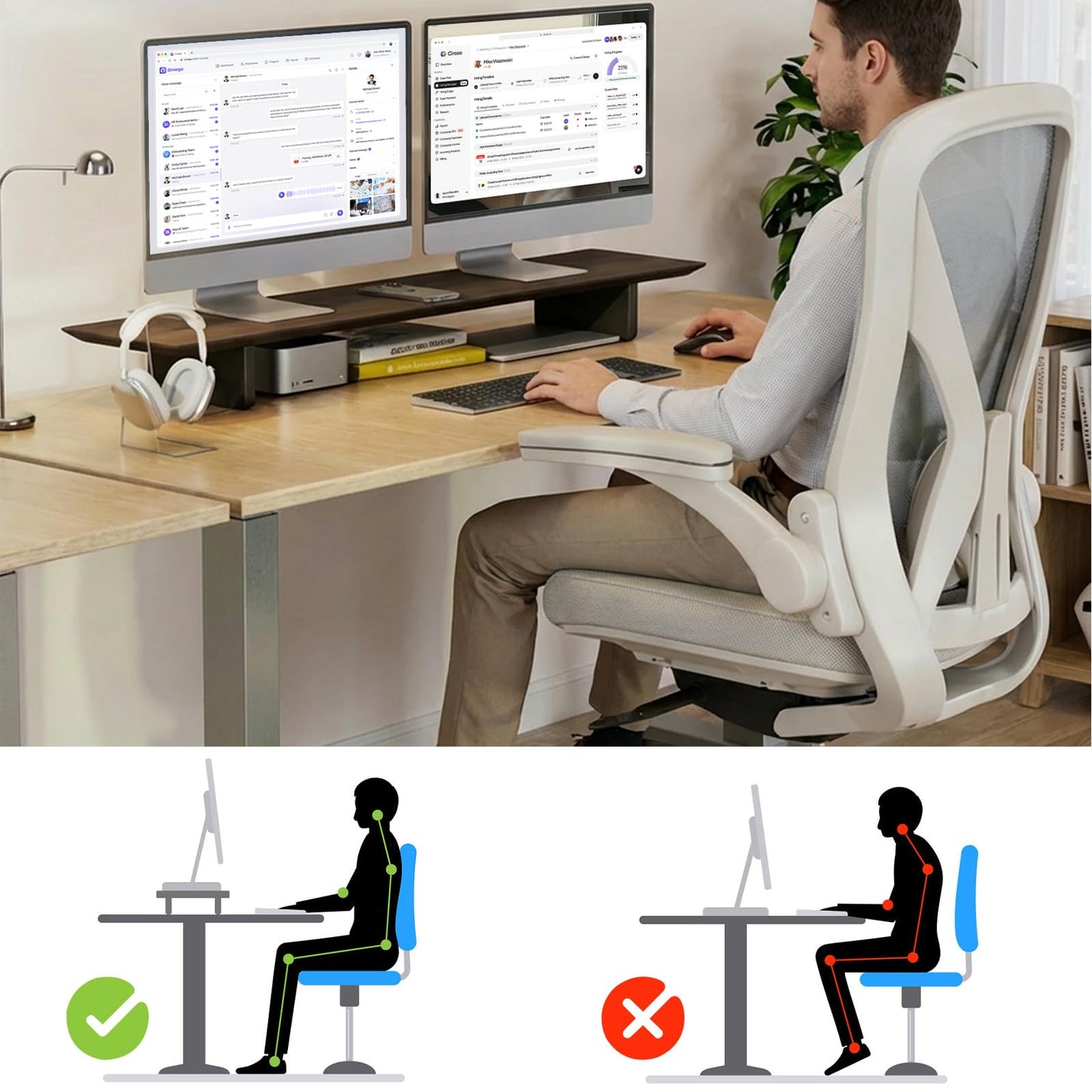 EXPERLAM Solid Wood Dual Monitor Stand Riser, 43 Inch Rubberwood Desk Shelf for Top of Desk, Wood Monitor Stand for Desk 2 Monitors up to 27", Desktop Organizer for Laptop, TV, Printer