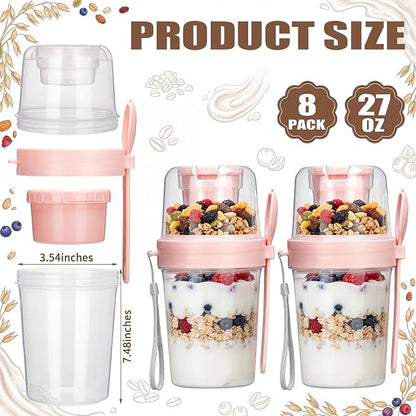 Mifoci 8 Pcs 27 oz Overnight Cereal Cup Portable Oats Container with Lid and Spoon for Yogurt Salad Fruit Oatmeal Cereal Overnight Oats Breakfast Vegetable Snack Cup(Pink)