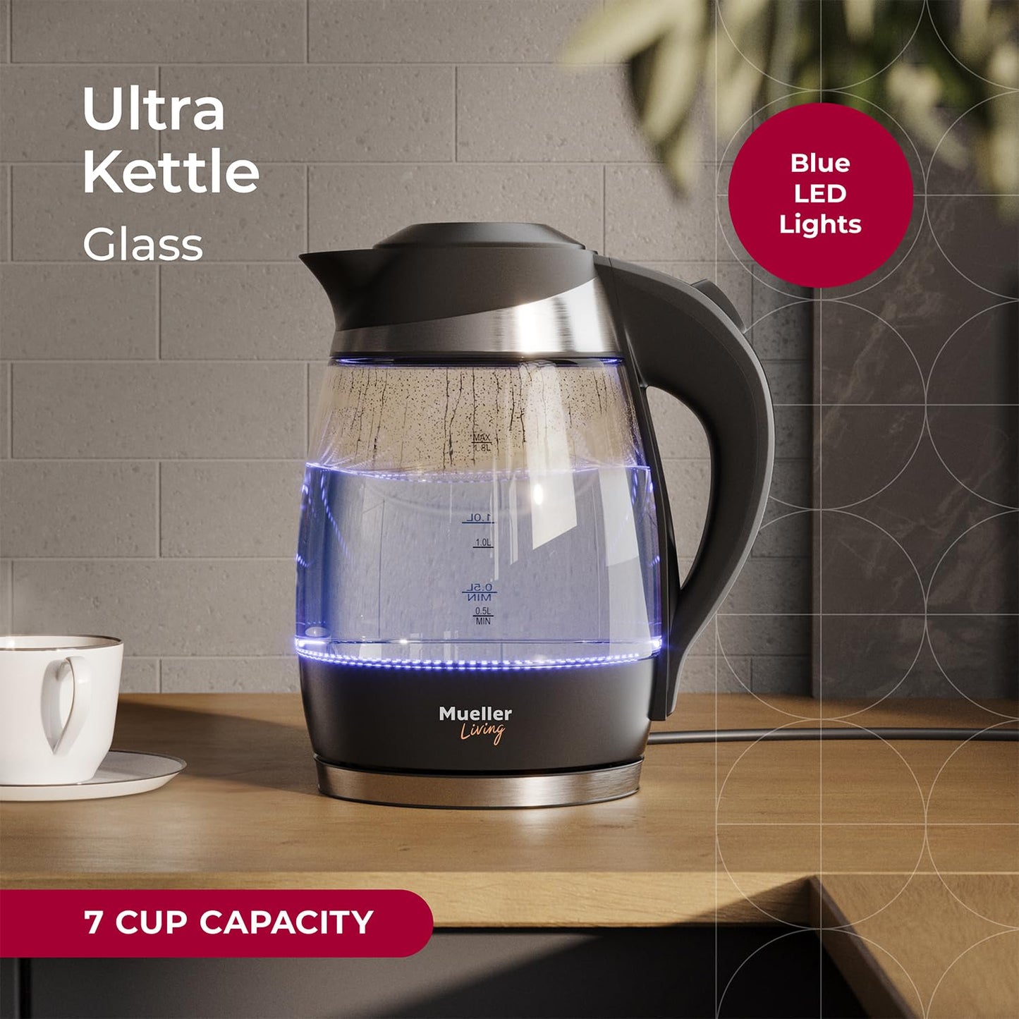 Mueller Living Electric Kettle, Electric Tea Kettle for Boiling Water, 1500W SpeedBoil with Automatic Shutoff, 1.8L Cordless with LED Light, Borosilicate Glass Tea Kettle Pot Water Heater, BPA Free