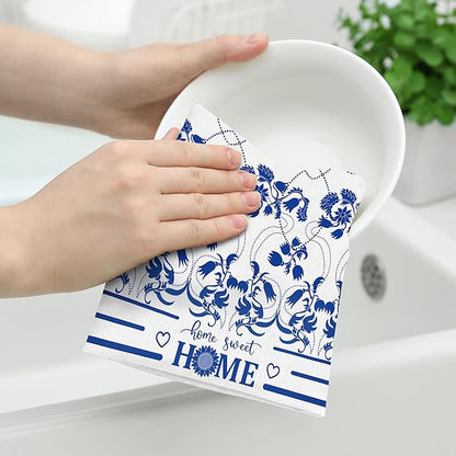 Blue Kitchen Towels Decorative Set of 2, Absorbent Boho Floral Dish Towels