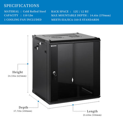 RackPath 12U Wall Mount Network Rack Cabinet – Quiet Cooling Fan, Locking Glass Door, 17.7" Deep (450mm), Removable Locking Side Panels, Fits 19" IT & A/V Equipment