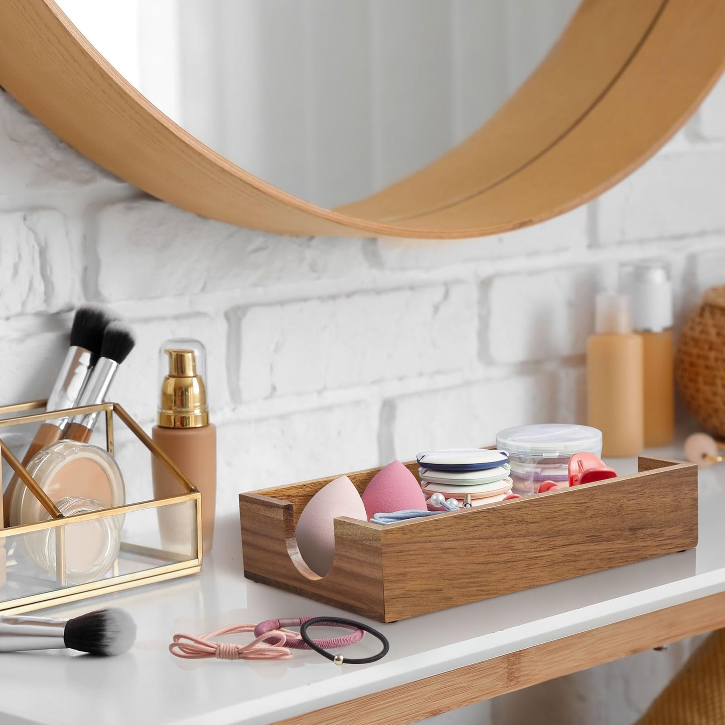 Napkin Holder for Bathroom, Acacia Wooden Guest Towel Holder Tray for Bathroom Bundle Mouthwash Dispenser for Bathroom, 16 OZ Glass Mouthwash Dispenser with Pour Spout and Acacia Wood Cup Holder