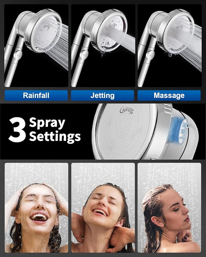Filtered Shower Head for Hard Water with Stop, High Pressure 4-Mode Shower Heads Built-in Power Spray to Clean Corner, Tub & Pets, Water Softener Handheld Shower to Remove Chlorine & Fluoride