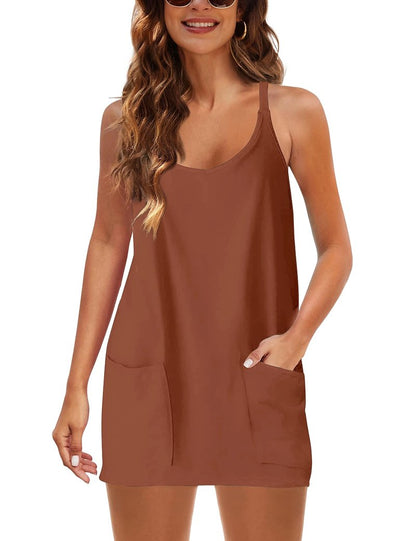 Lentta Womens Athletic Sleeveless Mini Dress with Built-in Shorts V Neck Spaghetti Strap Sundress(Rust-XL)