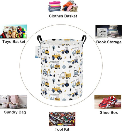 Round Foldable Laundry Hamper Kids Forest Vehicles Excavator Boys Gift Basket