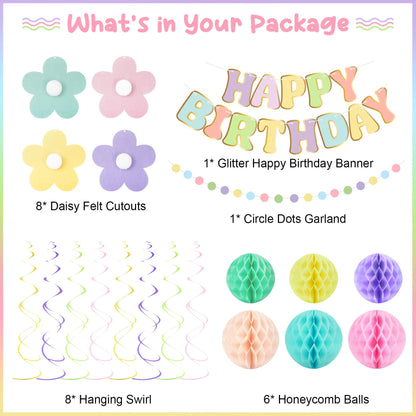 Amandir Pastel Birthday Decorations for Girls Women, Happy Birthday Banner with Honeycomb Balls, Daisy Flowers Hanging Swirls, Circle Dots Garland, Pastel Spring Easter Party Decorations Supplies