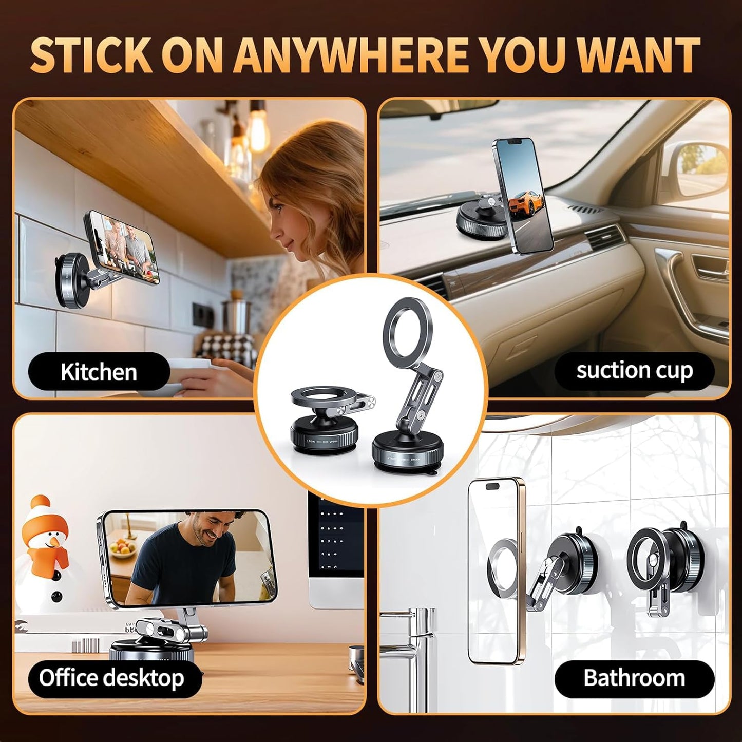 for MagSafe Car Mount – Vacuum Lock Magnetic Phone Holder with Strong Suction Cup, Adjustable Extendable Phone Stand, 360° Rotatable Dashboard & Windshield Mount for iPhone 16 15 14 13 12 Pro Max