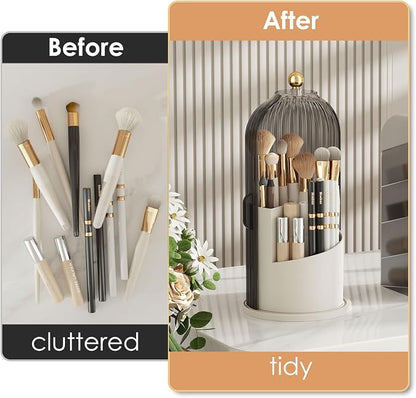 YOOLENS Makeup Brush Holder with Lid 360 Rotating Clear Dustproof Make Up Organizers for Vanity Bathroom Countertop, Gray