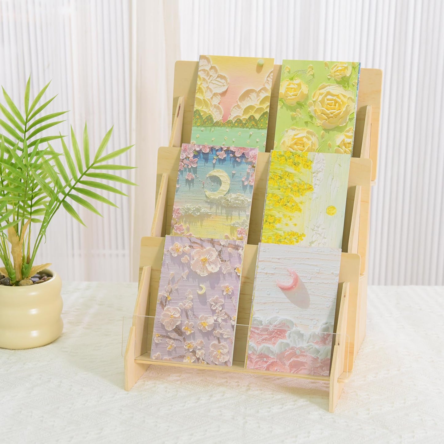 SSYYGET Greeting Card Display Stand, 3 Tier Postcard Display Stand, Portable Card Display Rack, Wooden Retail Display Holder, Magazine Organizer Rack, Stands for Valentine Cards (3 Tier)