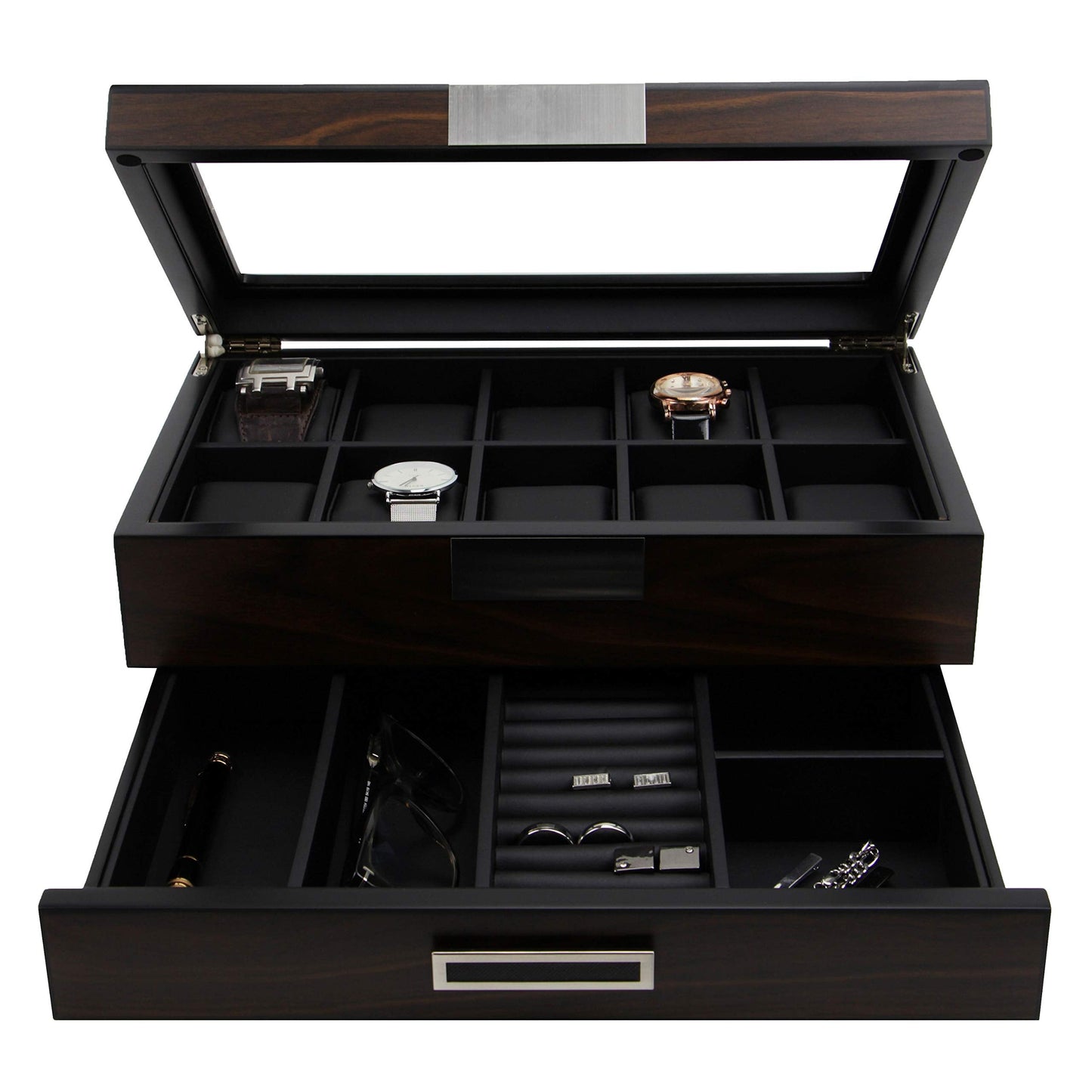Decorebay Executive Wooden Watch Box Valet Box Sunglasses and Jewelry Box Storage Organizer (Sweetheart) (Brown)