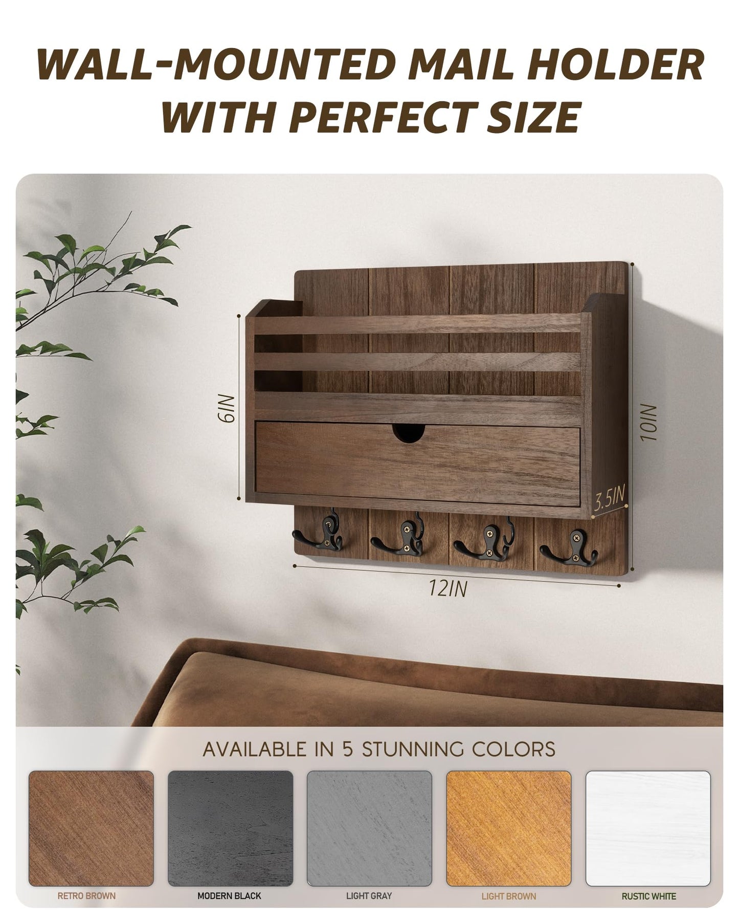 Rebee Vision Farmhouse Wood Mail Organizer Wall Mount - Key and Mail Holder for Wall with Storage Drawer and 7 Key Hooks - Rustic Home Decor for Entryway, Office and Garage (Retro Brown)