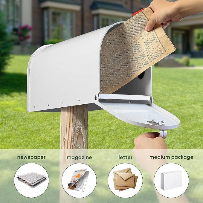 Mail Boxes for House Outside, RAINHOL White Mailboxes for Outside, Galvanized Steel Post-Mount Mailboxes, 19 x 8.7 x 6.7 Inches