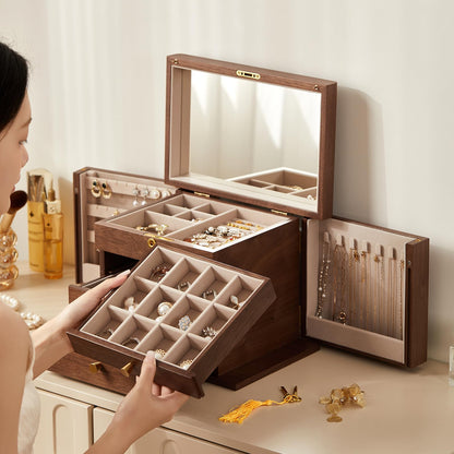 Homruilink Black Walnut Wooden Jewelry Box, Wood Jewelry Organizer with 2 Side Doors Mirror Lockable Classical Style for Watch Necklace Ring Earring Storage, Fathers Day Gift-4 Layer