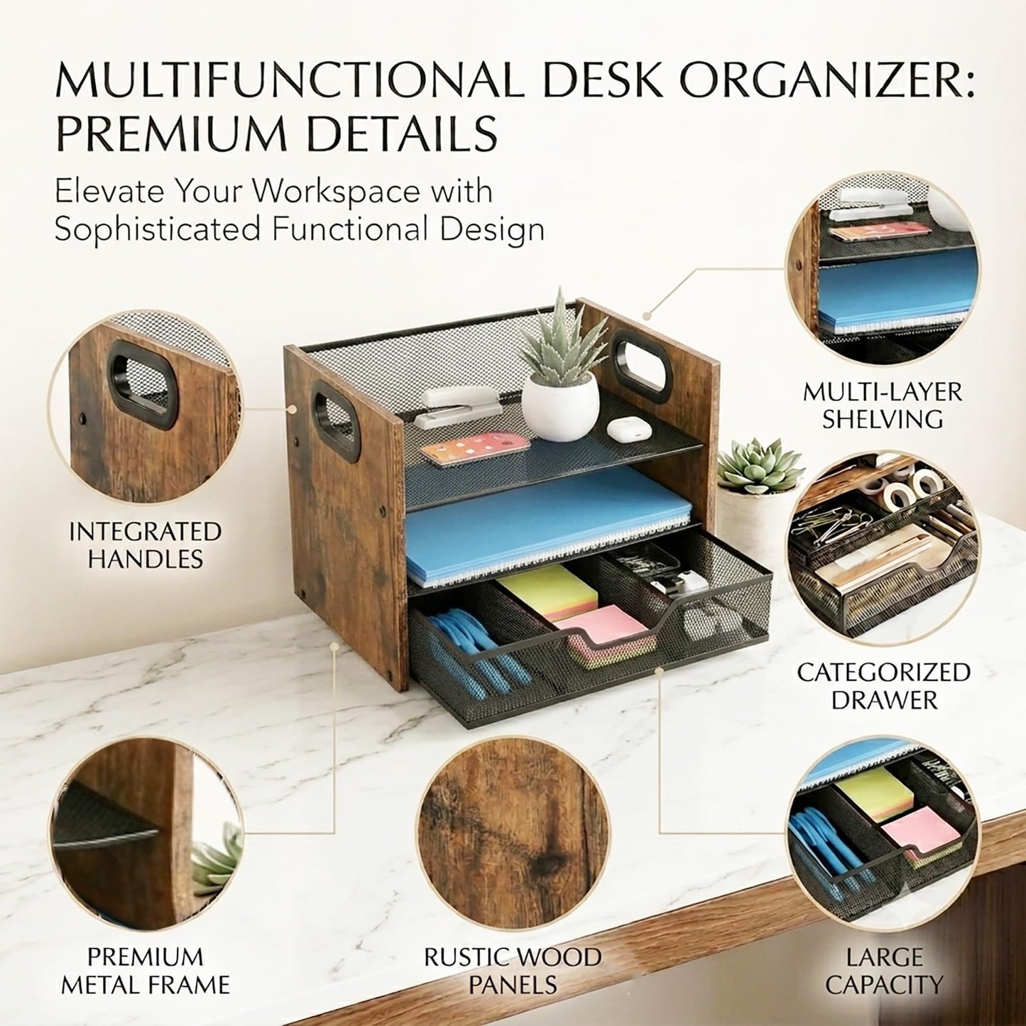 Boershun Wood Desk Organizer - 3-Tier Desktop File Organizer with Drawer, Wooden Paper Tray, Office Desk Organzier and Accessories for Papers, Mail, Notebooks, Stationery
