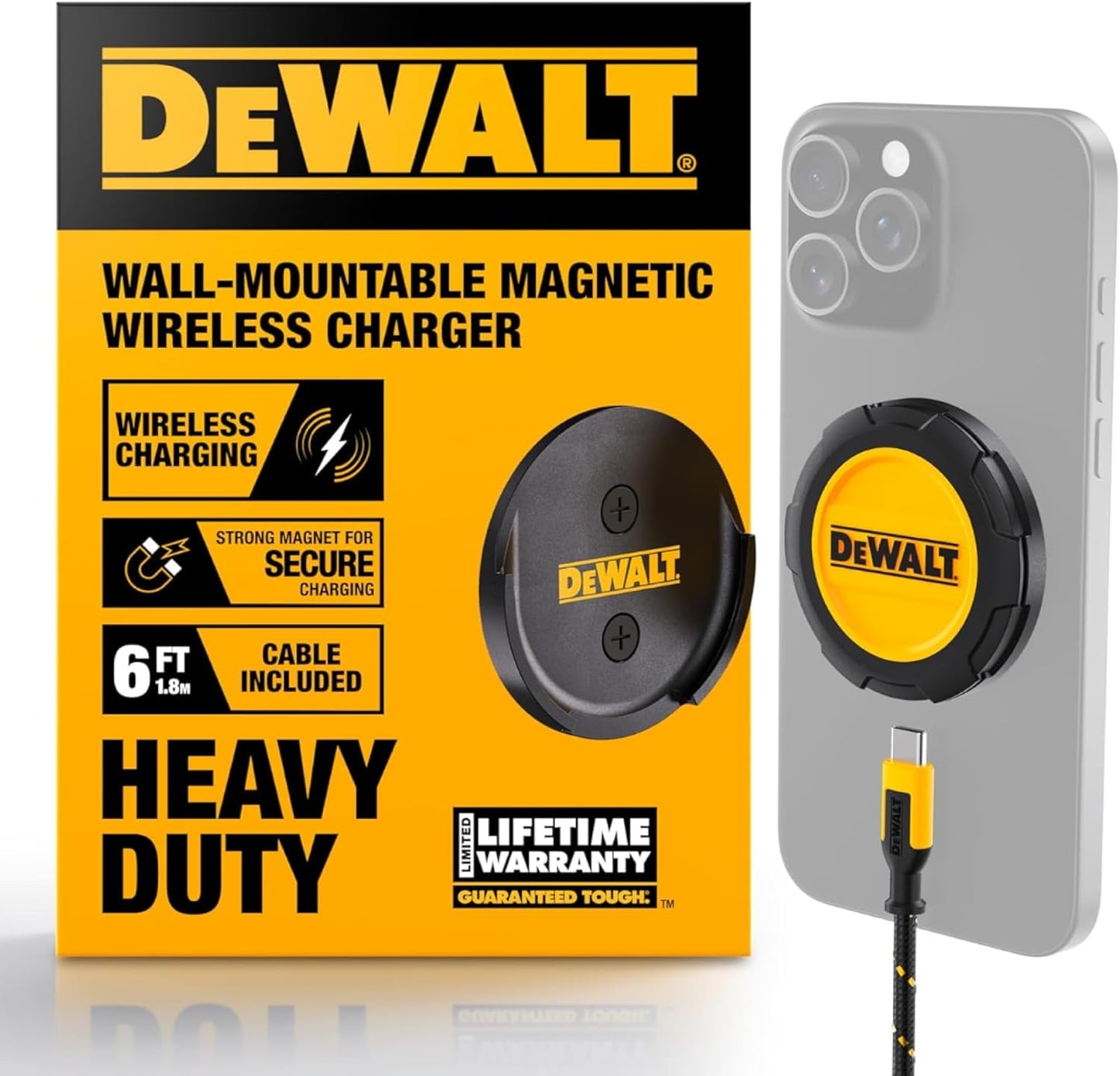 DEWALT Heavy Duty Wireless Charger, 15W Max Cell Phone Charger, Fast Wireless Charging Pad for MagSafe Compatible iPhone 16/16 Plus/16 Pro Max/15/14/13/12, Includes Wall Mounting Plate (No AC Adapter)