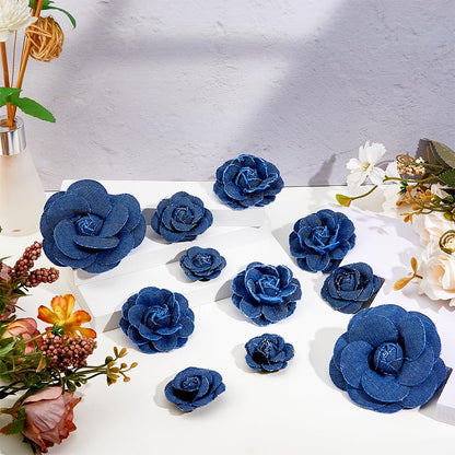 SUPERFINDINGS 16Pcs 4 Styles Marine Blue Denim Cloth Flowers Fabric Camelia Canvas Fabric Flower Flower Shaped Sewn Accessories for Clothes Decoration Jacket Skirt Coat Trim Brooch Crafts DIY