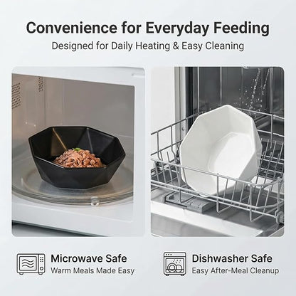 Ceramic Tilted Raised Cat Bowl - Elevated Food Bowl for Indoor Cats & Small Dogs - Shallow Wide Whisker-Friendly Design - Pet Dish Suitable for Feeding Dry, Wet, Treats & Canned Food - White