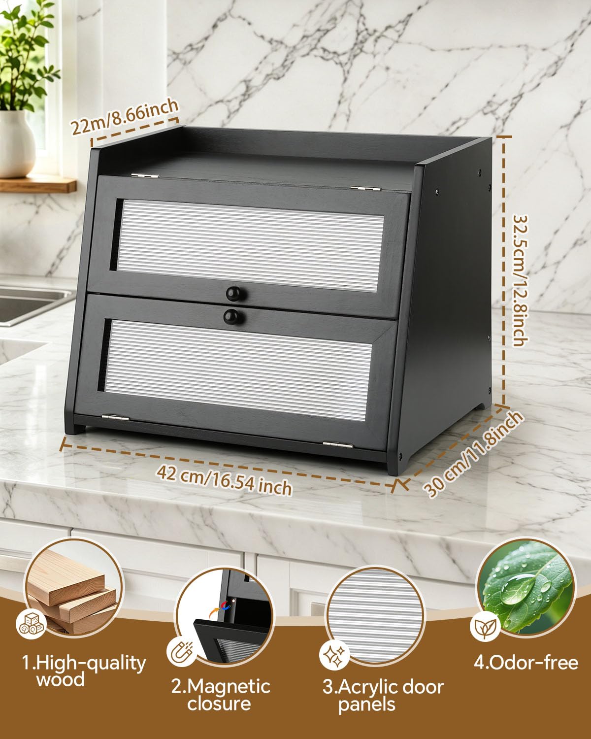 Kerisgo Bread Box for Kitchen Countertop - Double Layer Wooden Bread Storage Container for Homemade Bread,Counter Organizers and Storage for Fruits,Spices,Bread - Black
