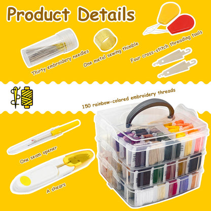 187Pcs Embroidery Floss Polyester Cross-Stitch Thread Kit with Tailoring Tools 150 Colors Friendship Bracelets Floss for Embroideries Sewing Handicraft DIY Project