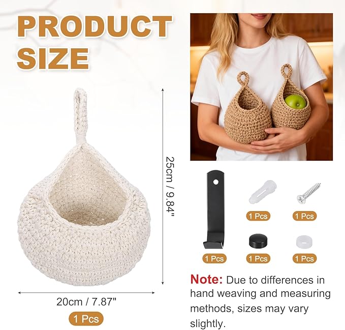 uxcell Hanging Fruit Baskets for Kitchen, Hand-Woven Wall Hanging Storage Jute