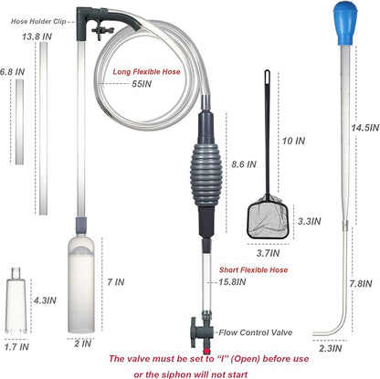 Aquarium Siphon Vacuum Cleaner Kit with Dual Vacuum Tubes, Brush Head, Turkey Baster and Fish Net, Gravel & Sand Cleaner, Aquarium Gravel Vacuum for Water Change and Debris Removal