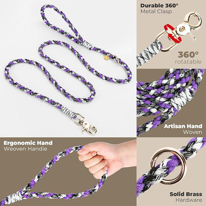 Tirevt Hand-Woven Dog Collar and Leash Set:Color-Block Design, Premium Reinforced Buckle, Adjustable Artisan Paracord for Puppies, Small, Medium & Large Dogs (Purple, S)