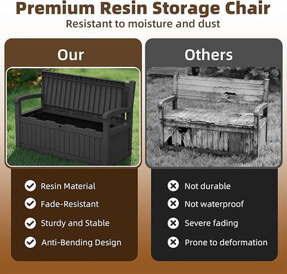 EasyUp 80 Gallon Wood Grain Style Outdoor Storage Bench, Waterproof and Lockable Deck Box Outdoor Storage Furniture for Patio,Garden,and Porch – Perfect for Storing Garden Tools and Cushions(Black)