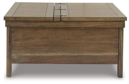 Signature Design by Ashley Moriville Rustic Hinged and Lift Top Cocktail Table with Hidden Storage, Light Brown