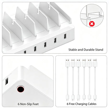Charging Station for Multiple Devices, 6 Port USB Desktop Charger Dock Compatible with iPad, Samsung, Android, Tablet, Family Multi Phone Charging Organizer with Divider Holders, Fireproof ABS (White)