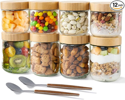 Agotglmi Glass Jars with Airtight Lids, Overnight Oats Containers Set of 8(16oz & 8oz), Wide Mouth Mason Jars for Meal Prep, Salad, Snack, Food Storage, Bathroom Organizer & DIY Crafts with 2 Spoons