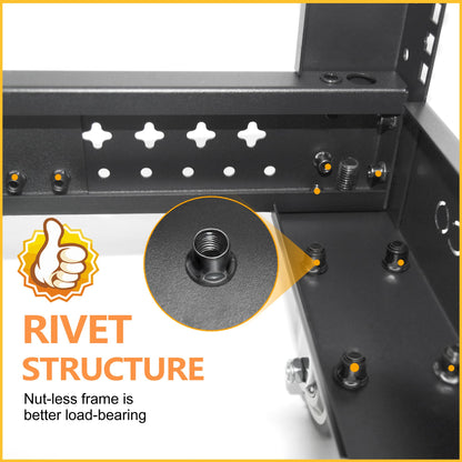 RIVECO 25U Server Rack Adjustable Depth Network 4 Post Cabinet Open Frame with Leveling Feet & Wheels Fully Rivets 1400 LBS