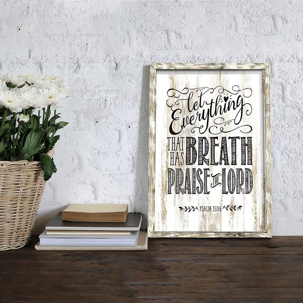 Inspirational Bible Verses Wall Art: Wooden Christian Signs Framed Print Decor Religious Scripture Artwork Psalm 150-6 Lord Quotes Picture for Bedroom Living Room Home