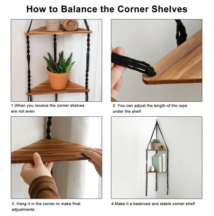 Artilady Macrame Corner Shelf Wall Hanging - 2 Tier Black Corner Floating Shelves Boho Wall Decor, Rustic Wooden Plant Shelf Storage Rack for Bedroom Living Room Bathroom