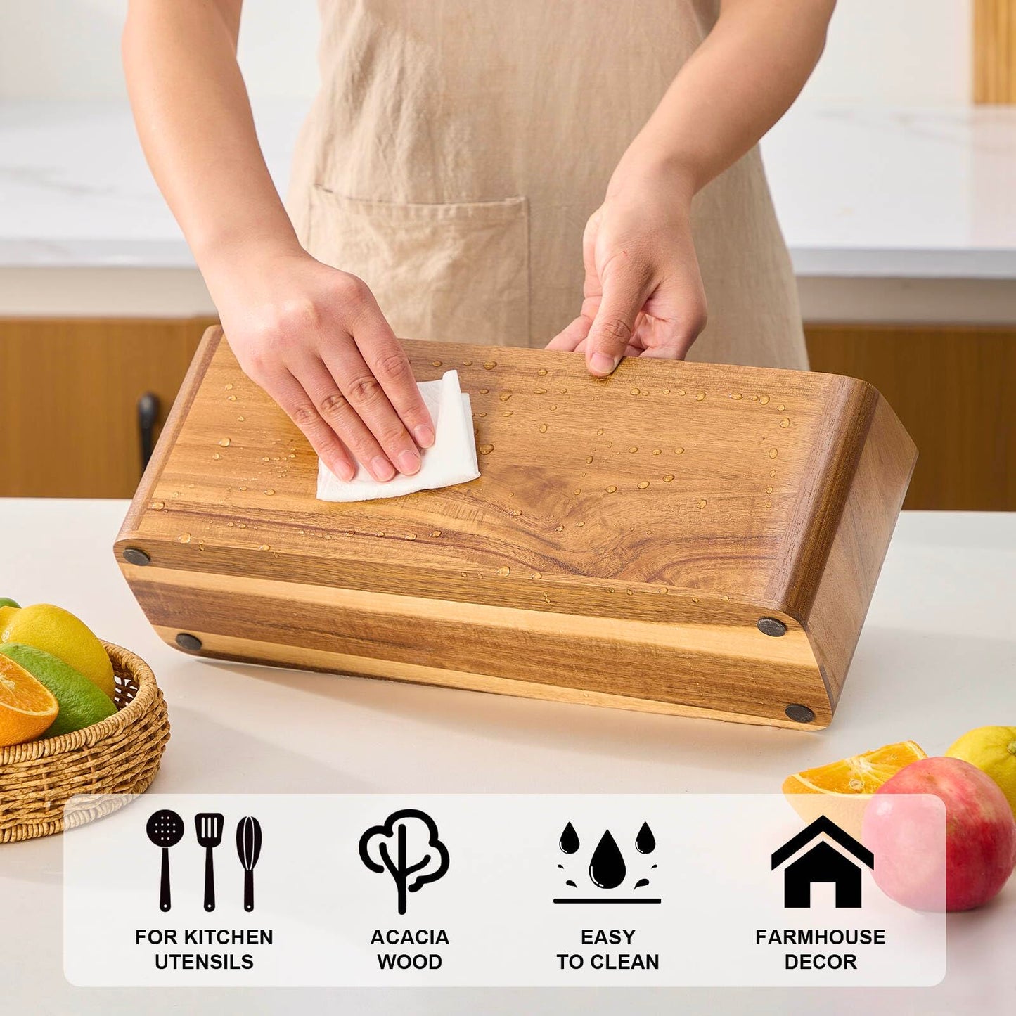 LOHONER Wooden Utensil Holder for Kitchen Counter, Acacia Wood Kitchen Utensil Holder for Countertop with 4 Compartment, Cooking Utensil Organizer, Silverware Caddy (Acacia Wood, 4Compartment)