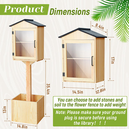 Wonderjune Little Library Box Outdoor with Floor Plugs & Flower Fence, Durable Weatherproof Solid Wood Book Exchange Box for Community, Literature, School Sharing Book(Natural Wood,Steepletop)