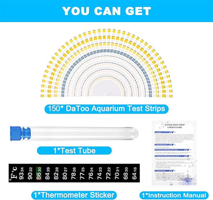 DaToo 8 in 1 Aquarium Test Kit Fish Tank Test Strips Accurate Water Quality Testing Strips for Ammonia PH Total Alkalinity Carbonate Hardness Free Chlorine Nitrate Nitrite Temperature (150 Strips)