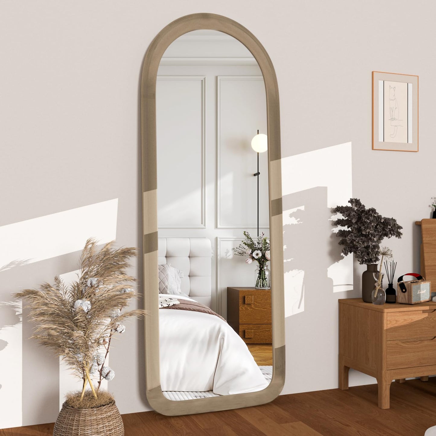 NEUWEABY Full Length Mirror 56"x20" Arch Floor Mirror with Stand Arched Full Body Mirror Standing Hanging or Leaning Against Wall for Bedroom Flannel Wrapped Wooden Frame Milk Tea