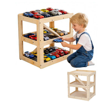 Parking Garage for Toy Cars, Storing Items, Toy Car Storage Rack with Three-Level Ramp, Compatible with Hot Wheels & Matchbox, Wooden Parking Garage Playset Holds 40+ Cars, Safe & Durable Gift