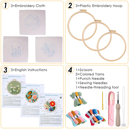 Peotclola Punch Needle Kit for Adults,3 Sets Punch Needle Kits Beginner DIY Embroidery Starter Set with Tools for Home Decoration, Family, Friends Gifts(Flowers A2)