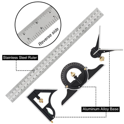 ChgImposs 12" Adjustable Sliding Combination Square Ruler & Protractor Level Measure Measuring Set, Inch/Metric