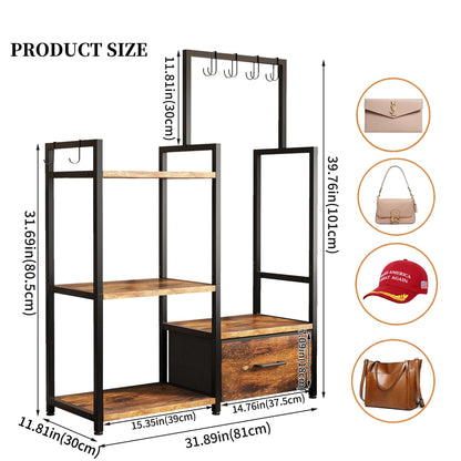 BTaoyutt 3-Tier Ironwood Purse Rack – Large Drawer & 6 Hooks for Handbag Storage ，Purse Display Shelf& Bag Organizer for Various Bags(Rustic Brown)