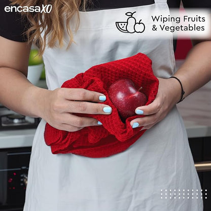 Encasa XO Kitchen Dish Towels Set | Red | Waffle Weave and Flat Hand Tea Towel