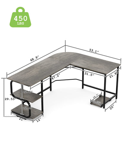 Teraves Reversible L Shaped Desk with Large Surface, 69 Inch Sturdy Corner Desk with Storage Shelves, Premium Office Computer Desk Workstation for Home Office Gaming